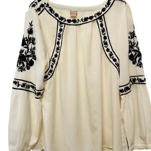 Chico's‎ Elegant White Peasant Blouse with Intricate Black Embroidery XL